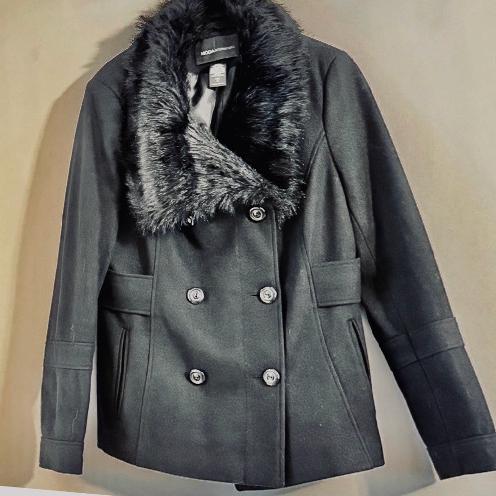 Moda International Black Double Breasted Pea Coat Faux Fur Collar Size M